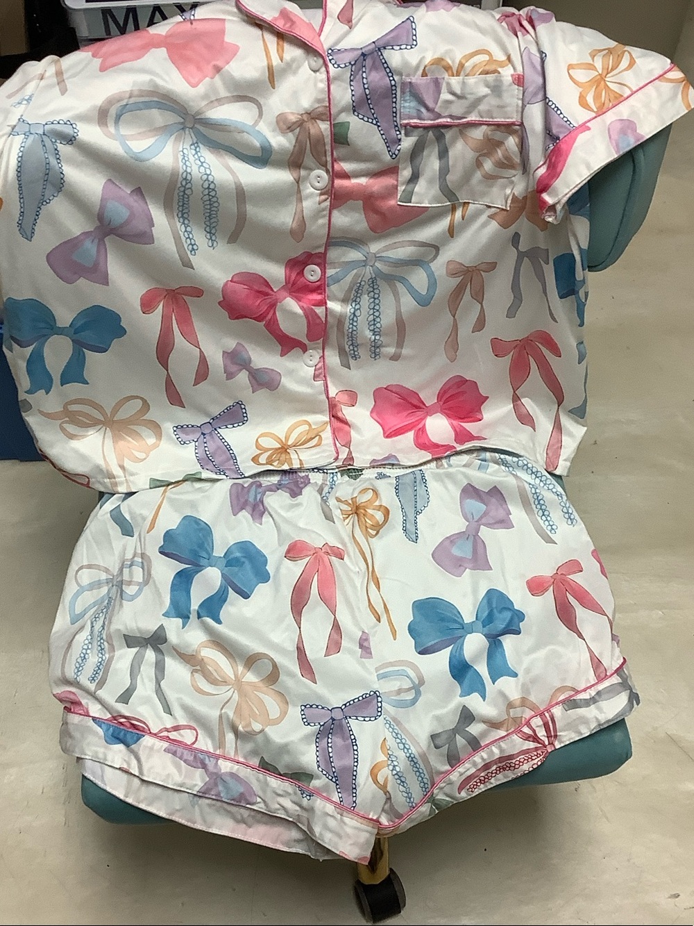 Women Satin Bow-Print Pajama Set - White with Pink & Blue Bows